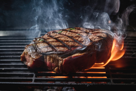 wagyu steak sizzling on hot grill, with smoke rising from the flames, created with generative aiの素材