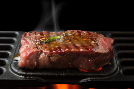sizzling wagyu steak, ready for grilling or frying on the stovetop, created with generative aiの素材