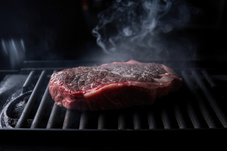 sizzling wagyu steak, ready for grilling or frying on the stovetop, created with generative aiの素材