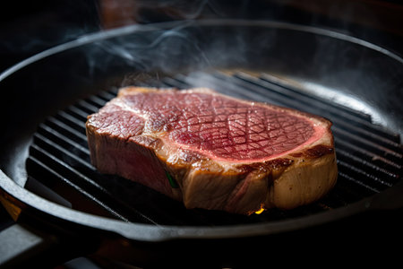 sizzling wagyu steak, ready for grilling or frying on the stovetop, created with generative aiの素材