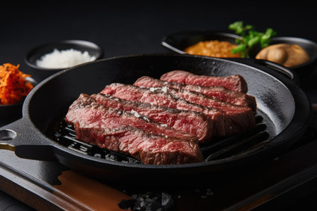 sizzling wagyu steak, pan-fried and ready to be eaten, created with generative aiの素材