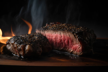 wagyu steak, cooked rare, with smokey and charred edges, created with generative aiの素材