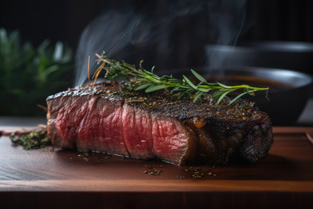 wagyu steak, cooked rare, with smokey and charred edges, created with generative aiの素材
