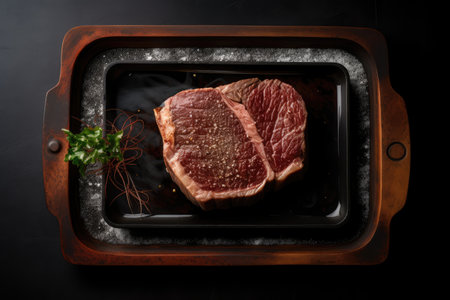 top view of well-cooked wagyu steak on hot plate, created with generative aiの素材