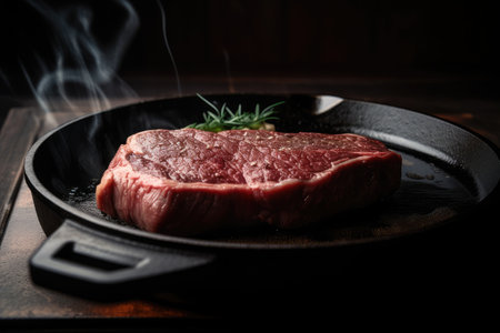 sizzling wagyu steak on hot pan, ready to cook, created with generative aiの素材