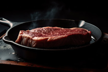 sizzling wagyu steak on hot pan, ready to cook, created with generative aiの素材