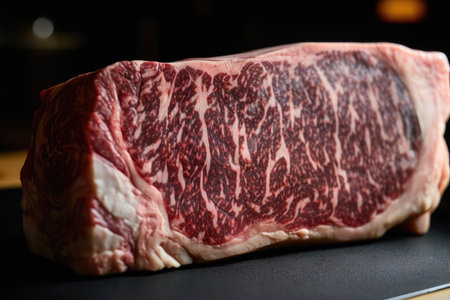 close-up of wagyu steak, showing off its rich marbling and tender texture, created with generative aiの素材
