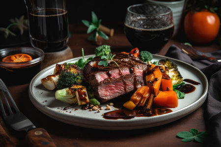 beautiful plate with wagyu steak, paired with side of roasted vegetables and drizzle of balsamic glaze, created with generative aiの素材