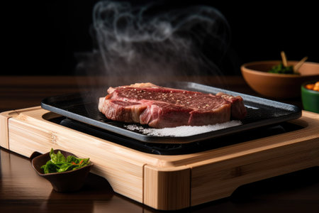 sizzling wagyu steak on hot plate, ready to be cooked, created with generative aiの素材