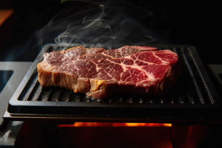 sizzling wagyu steak on hot plate, ready to be cooked, created with generative aiの素材