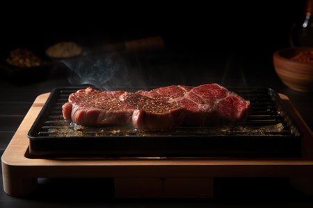 sizzling wagyu steak on hot plate, ready to be cooked, created with generative aiの素材