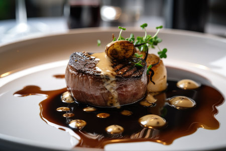 plate of wagyu steak, topped with foie gras and truffle sauce, created with generative aiの素材