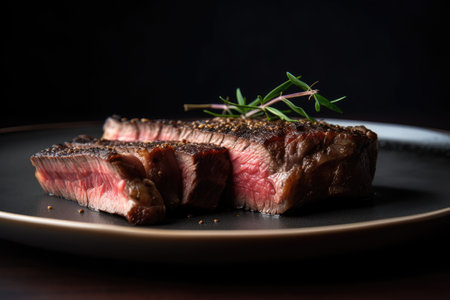 plate of wagyu steak, juicy and tender with seared edges, created with generative aiの素材