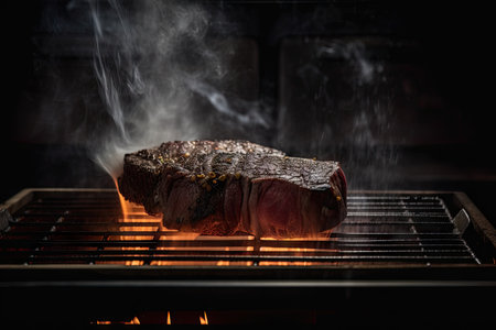 person, cooking wagyu steak on hot grill, with flames and smoke, created with generative aiの素材
