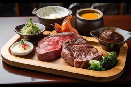 platter of wagyu steaks, perfectly cooked and served with side dishes, created with generative aiの素材
