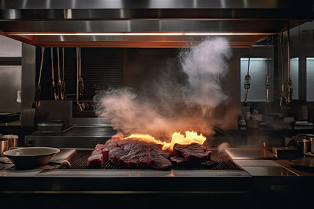 restaurant, with wagyu steak being cooked on hot grill, and smoke rising from the flames, created with generative aiの素材