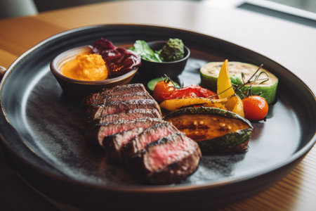 plate of wagyu steaks, grilled to perfection and served with vegetables, created with generative aiの素材