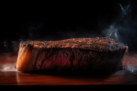 close-up of juicy wagyu steak with smoke and sear marks, created with generative aiの素材