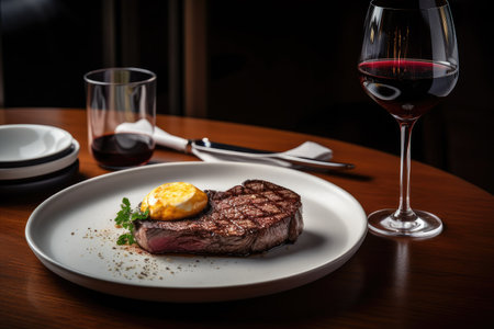 plate of wagyu steak, topped with fried egg and paired with glass of red wine, created with generative aiの素材