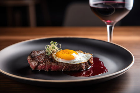 plate of wagyu steak, topped with fried egg and paired with glass of red wine, created with generative aiの素材