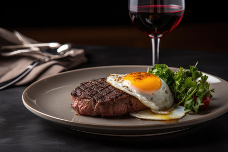 plate of wagyu steak, topped with fried egg and paired with glass of red wine, created with generative aiの素材