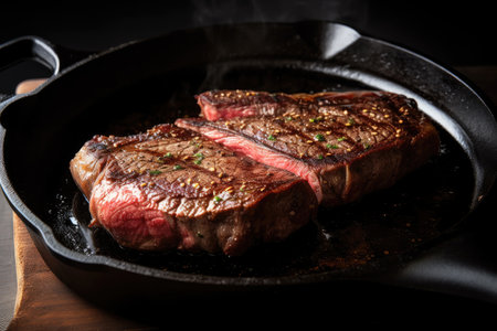 sizzling wagyu steak cooked to perfection on cast-iron skillet, created with generative aiの素材