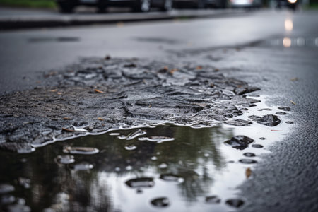 puddle of water on wet asphalt, with raindrops still visible, created with generative aiの素材