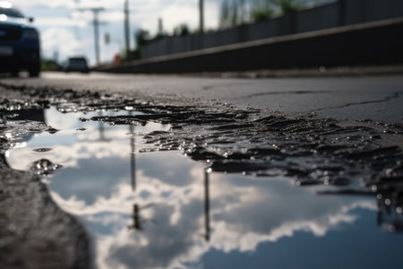 wet asphalt, with puddle and reflection of the sky visible, created with generative aiの素材