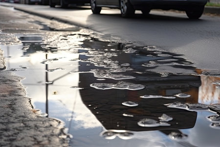 wet asphalt after heavy rainstorm, with puddles and reflections visible, created with generative aiの素材