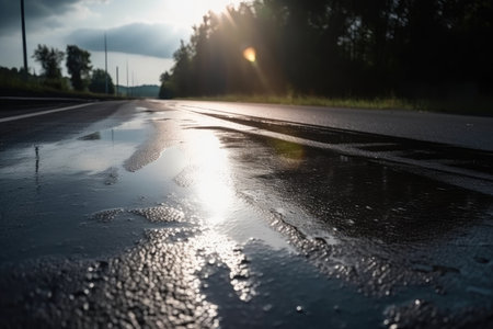 wet asphalt road with sun shining in the background, creating a stunning contrast against the dark surface, created with generative aiの素材