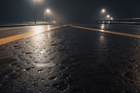 wet asphalt with raindrops on a foggy night, created with generative aiの素材