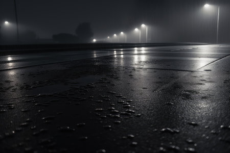 wet asphalt with raindrops on a foggy night, created with generative aiの素材