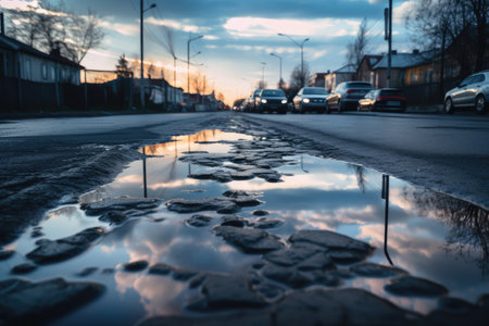 wet asphalt with puddle in the middle, creating reflection of sky, created with generative aiの素材
