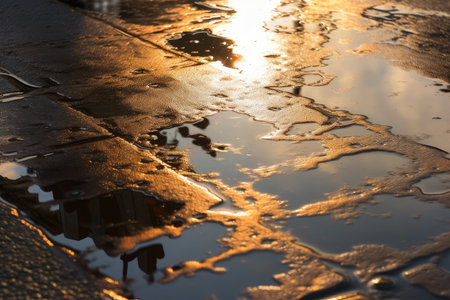 glass-like reflection of wet asphalt in the sunlight, created with generative aiの素材