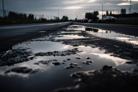 wet asphalt with reflection of cloudy sky, creating serene and peaceful atmosphere, created with generative aiの素材