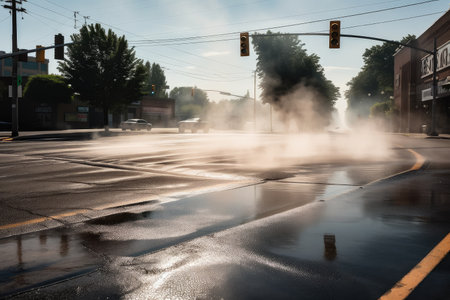 hot summer day, with steam rising from the wet asphalt, created with generative aiの素材
