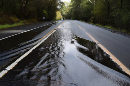 blacktop road, with water running down the surface in sheets, created with generative aiの素材