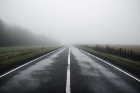 road with wet asphalt, on foggy morning, surrounded by misty landscape, created with generative aiの素材