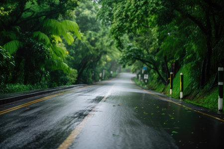 road with wet asphalt, surrounded by lush greenery, created with generative aiの素材
