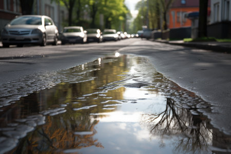 wet asphalt after a rainstorm, with puddles and reflections, created with generative aiの素材