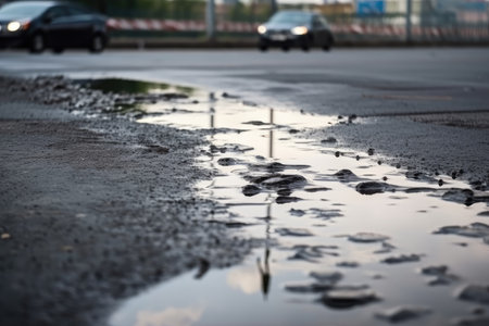 puddle of water on the asphalt after heavy rain, created with generative aiの素材