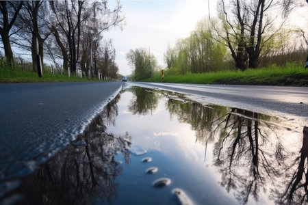wet asphalt road with reflections of the sky and trees, created with generative aiの素材