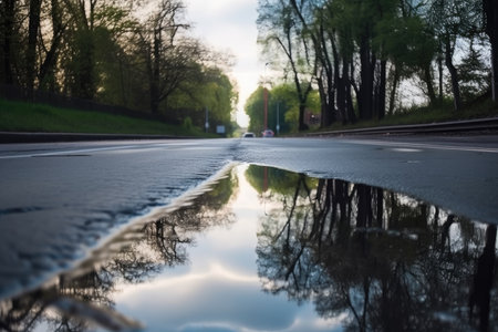 wet asphalt road with reflections of the sky and trees, created with generative aiの素材
