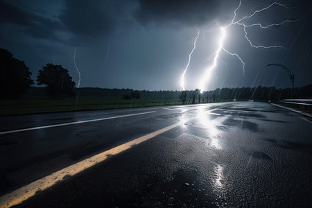 wet asphalt during a rainstorm, with lightning and thunder in the background, created with generative aiの素材
