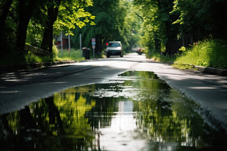 wet asphalt road surrounded by lush greenery on a sunny day, created with generative aiの素材