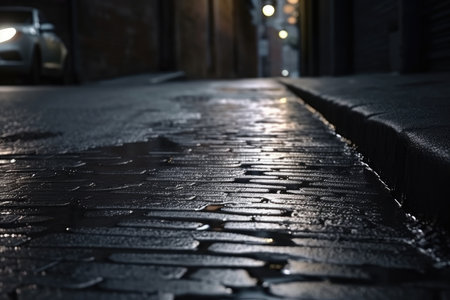 wet asphalt in dark alley, with raindrops and light directions, created with generative aiの素材