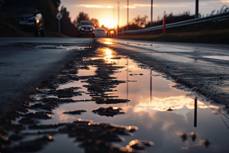 wet asphalt road, with reflections of the surrounding scenery, during sunrise or sunset, created with generative aiの素材