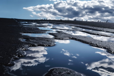 close-up of wet asphalt with reflection of the sky and clouds, created with generative aiの素材