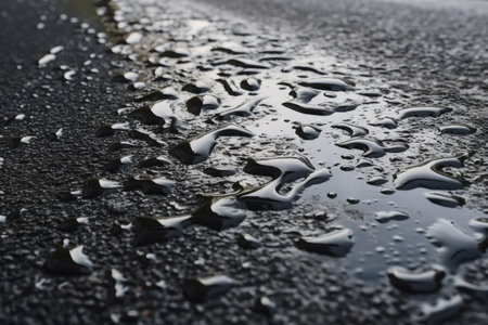 close-up of wet asphalt, with droplets of water on the surface, created with generative aiの素材