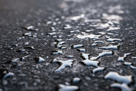 close-up of wet asphalt, with droplets of water on the surface, created with generative aiの素材